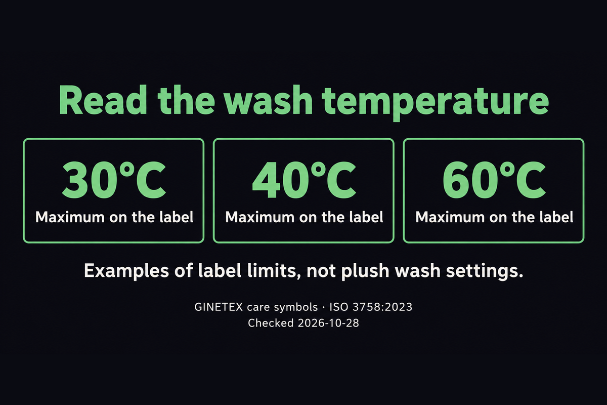 Wash label examples show maximum temperatures of 30°C, 40°C and 60°C, not recommended plush wash settings.